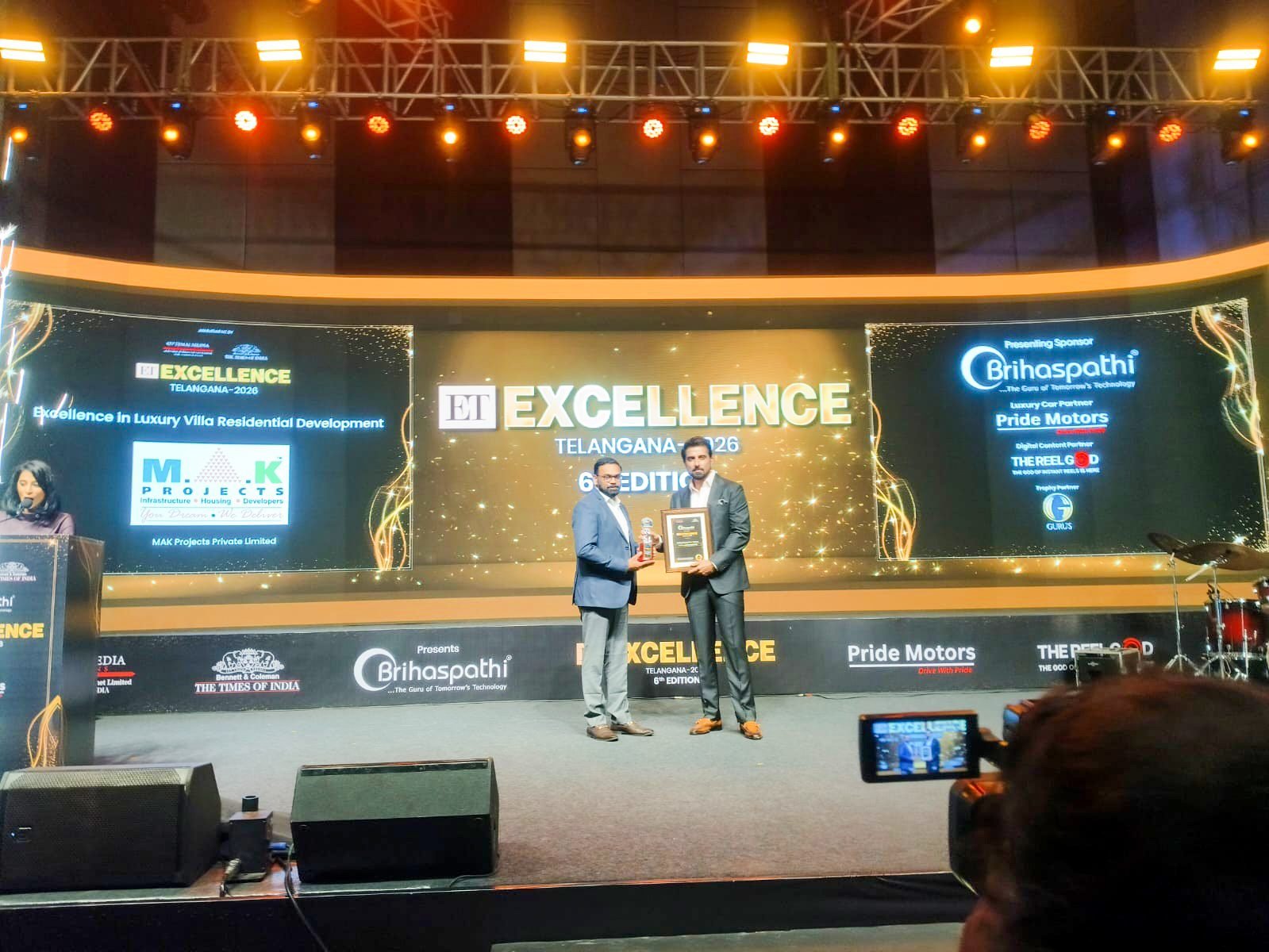 MAK Projects receives the ET Excellence Telangana 2026 Award for Excellence in Luxury Villa Residential Development.